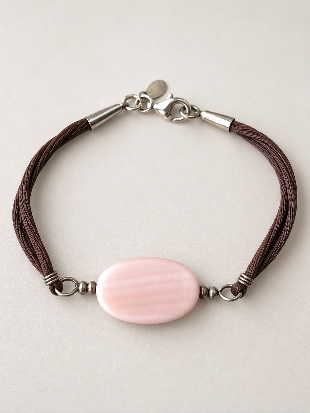 925 Sterling Silver Pink Shell Brown Multi-Strand Bracelet 7”